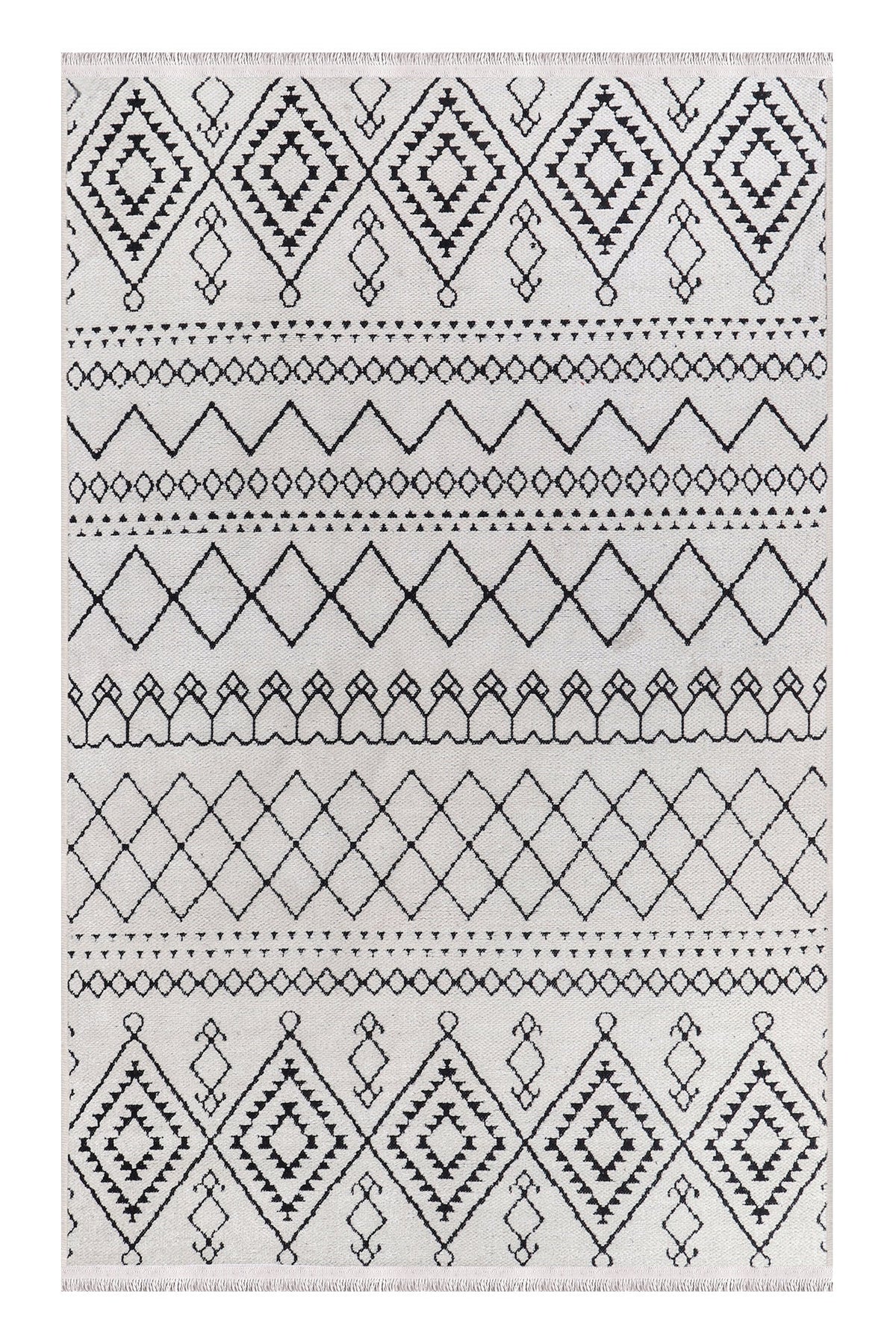 Rug with black geometric pattern on a white background