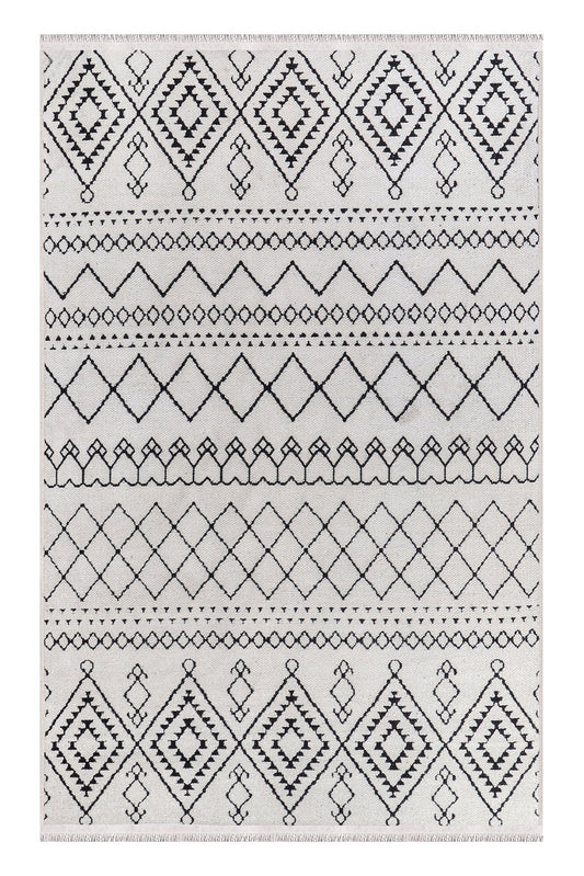 Rug with black geometric pattern on a white background