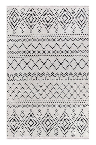 Rug with black geometric pattern on a white background