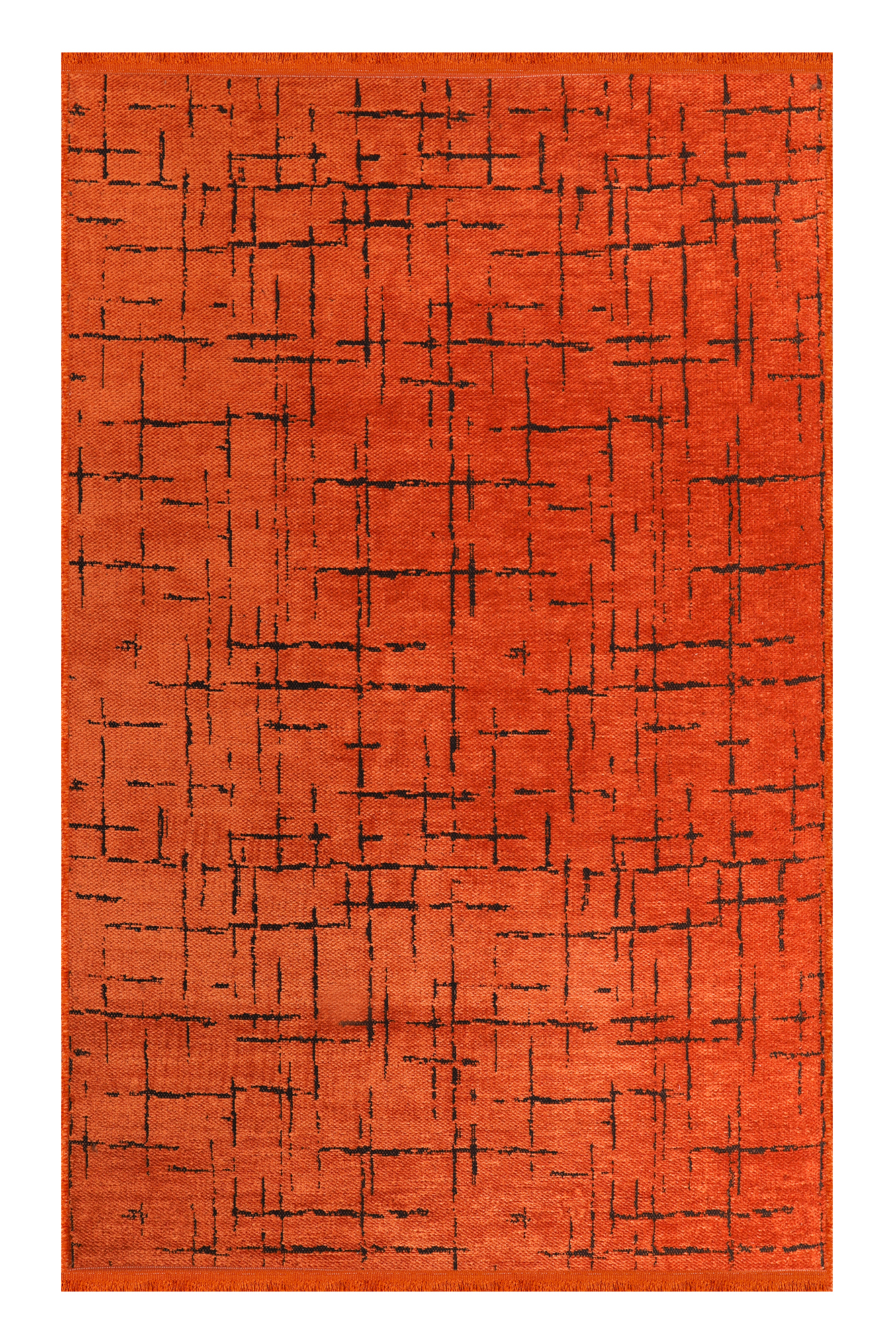 Orange rug with black abstract pattern on a white background