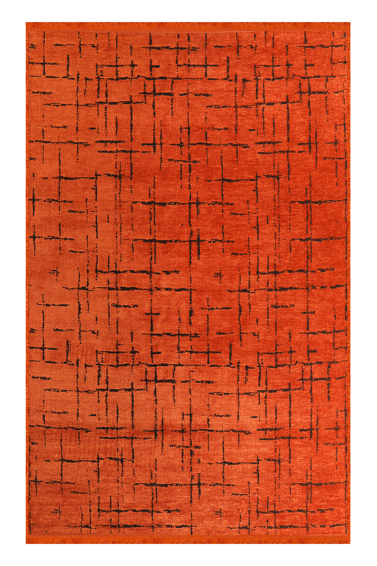 Orange rug with black abstract pattern on a white background