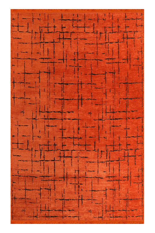 Orange rug with black abstract pattern on a white background