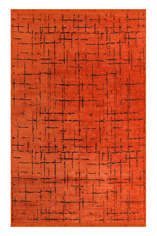 Orange rug with black abstract pattern on a white background