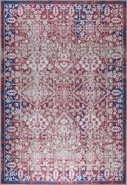 Decorative rug with intricate pattern in red, blue, and beige colors