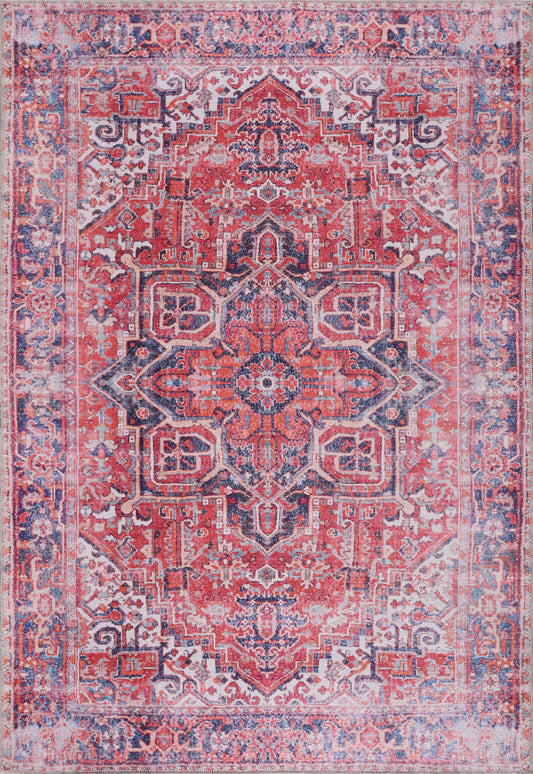 Decorative rug with intricate pattern in red, blue, and beige