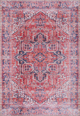 Decorative rug with intricate pattern in red, blue, and beige