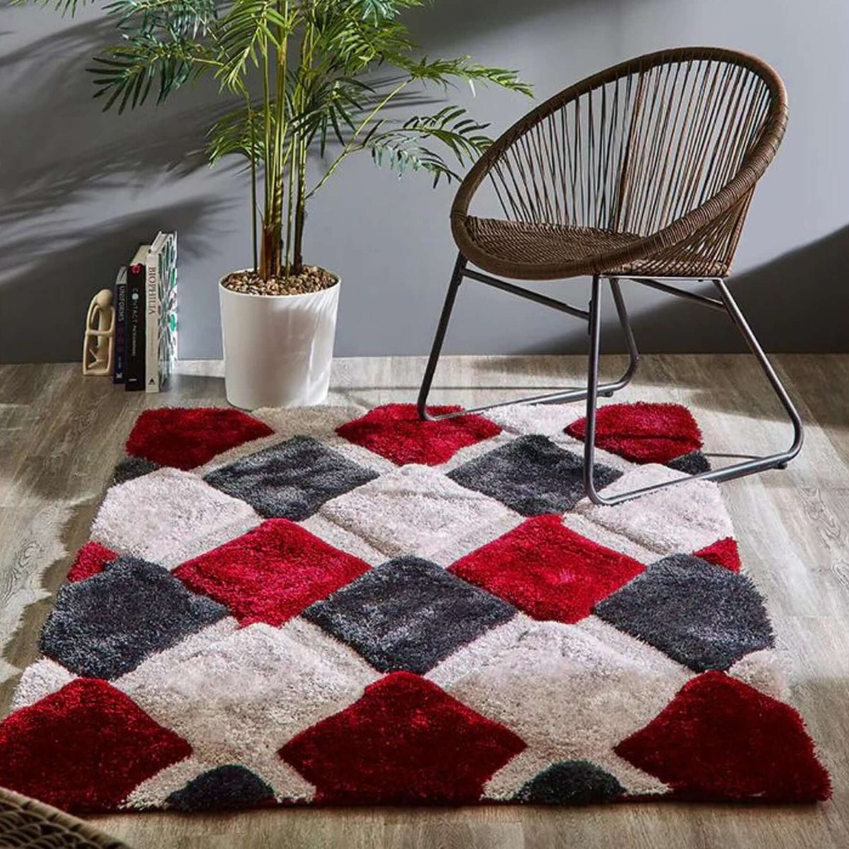 3D Red Geometric Shaggy Rug — room photo 6