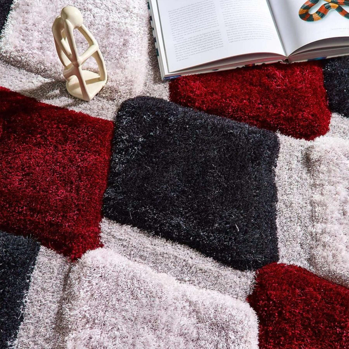 3D Red Geometric Shaggy Rug — room photo 5