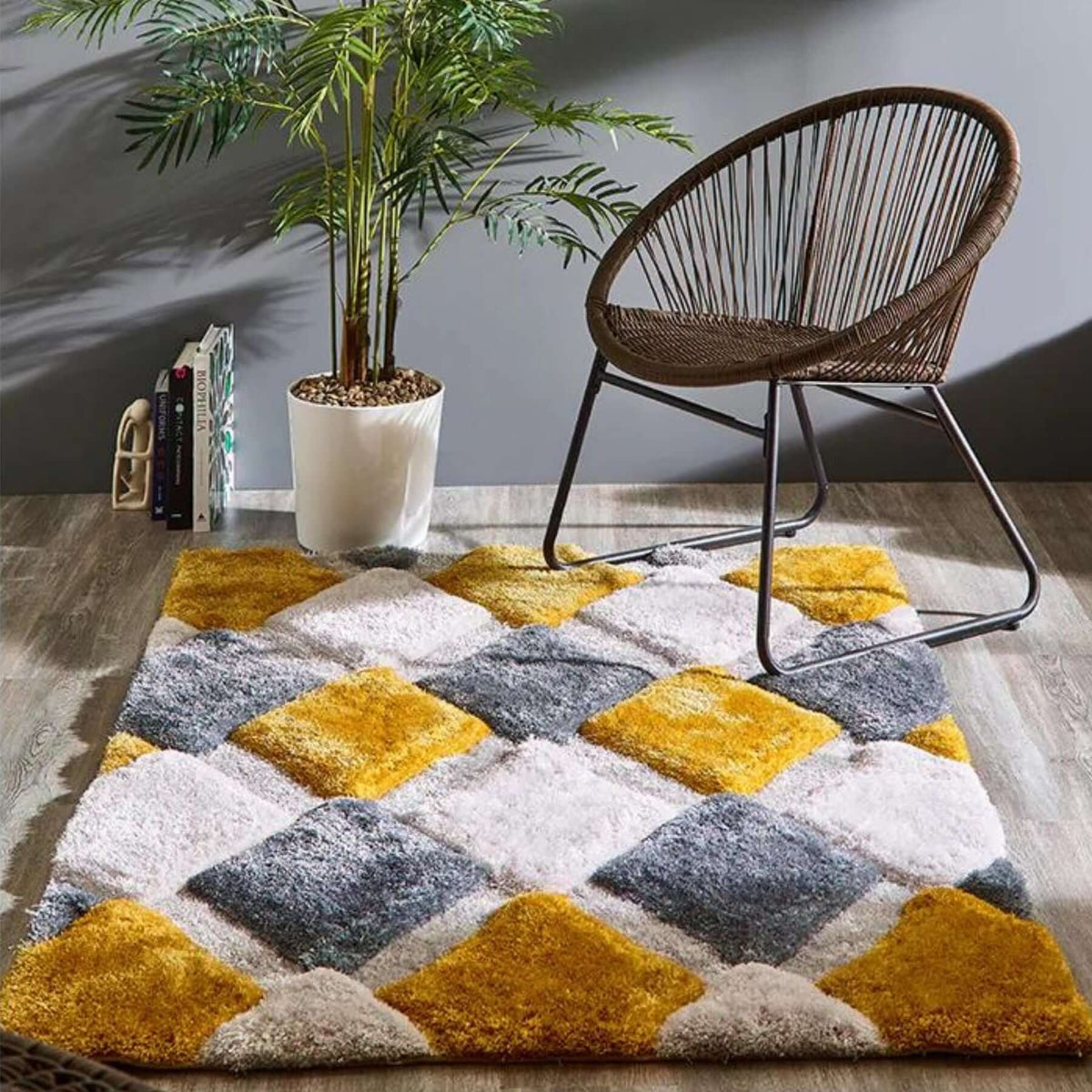 3D Ochre Geometric Shaggy Rug — room photo 6