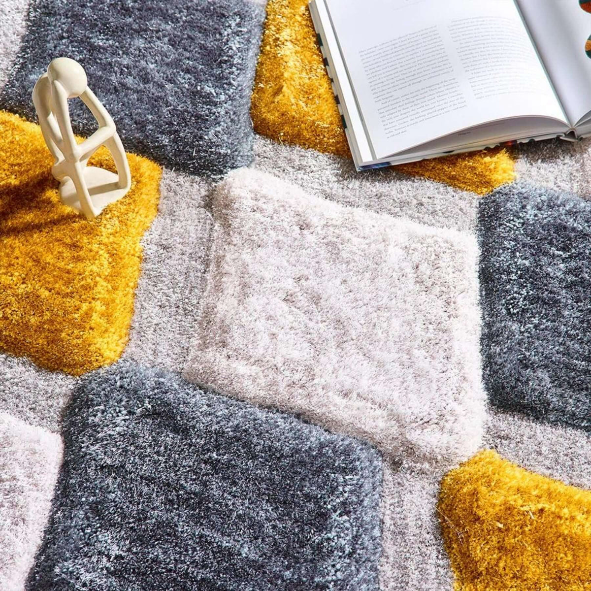 3D Ochre Geometric Shaggy Rug — room photo 5