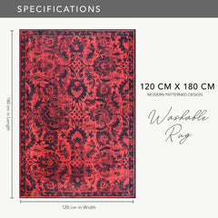 Rugs Depot RW1010 – Machine Washable Red Vintage Floral Rug | Damask-Inspired Oriental Carpet for Living Room, Bedroom & Dining