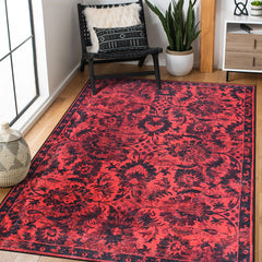 Rugs Depot RW1010 – Machine Washable Red Vintage Floral Rug | Damask-Inspired Oriental Carpet for Living Room, Bedroom & Dining