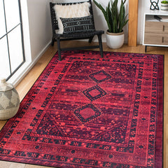Rugs Depot RW1009 – Machine Washable Red Tribal Medallion Rug | Oriental Geometric Carpet for Living Room, Bedroom & Office