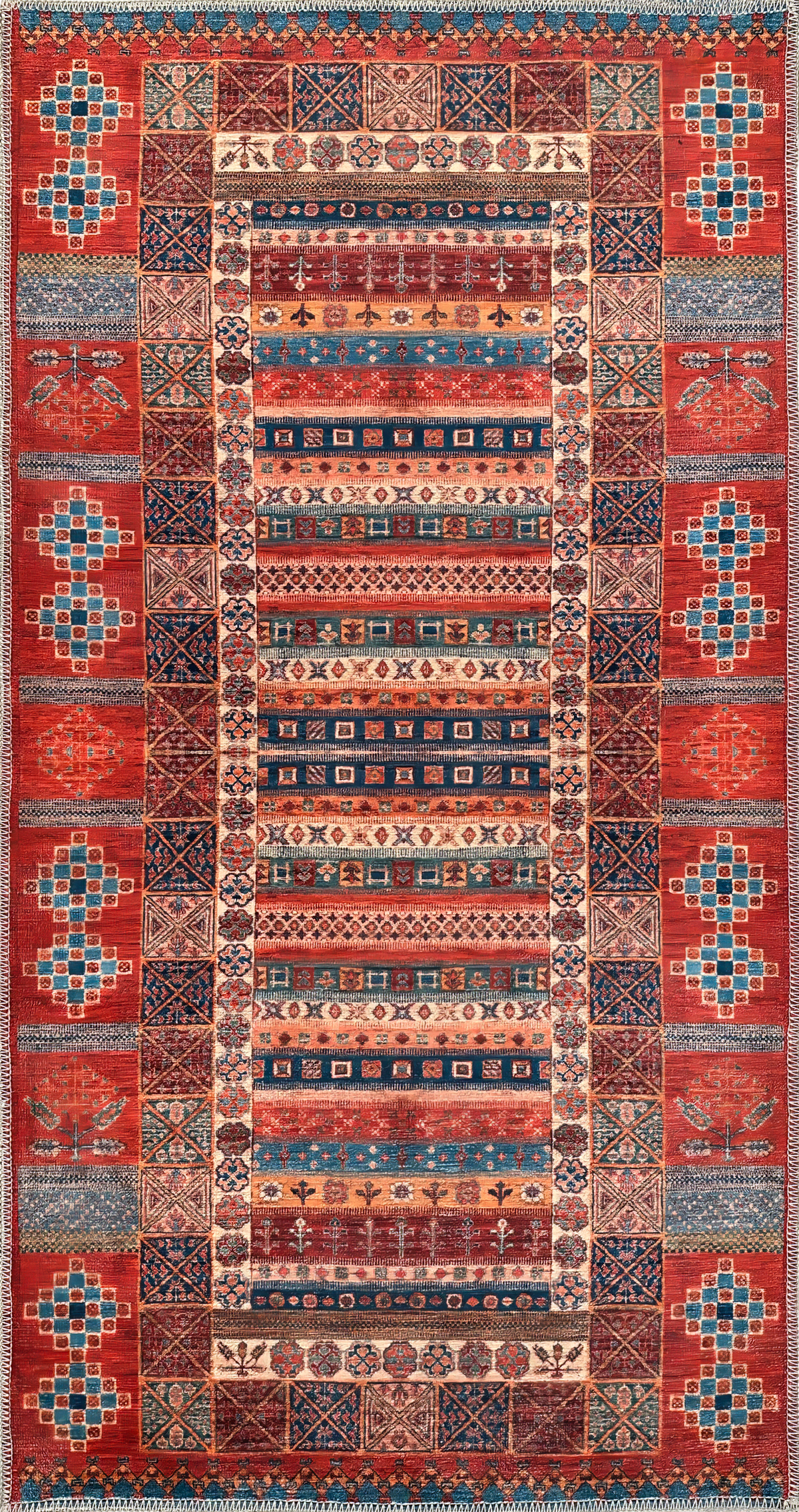 Rugs Depot NH1316 – Machine Washable Caucasian Tribal Rug | Multicolor Striped Oriental Carpet for Living Room & Bedroom