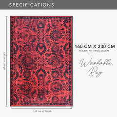 Rugs Depot RW1010 – Machine Washable Red Vintage Floral Rug | Damask-Inspired Oriental Carpet for Living Room, Bedroom & Dining