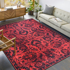 Rugs Depot RW1010 – Machine Washable Red Vintage Floral Rug | Damask-Inspired Oriental Carpet for Living Room, Bedroom & Dining