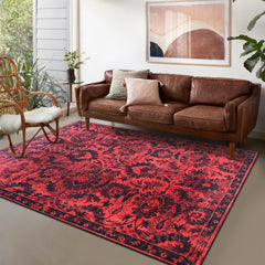 Rugs Depot RW1010 – Machine Washable Red Vintage Floral Rug | Damask-Inspired Oriental Carpet for Living Room, Bedroom & Dining