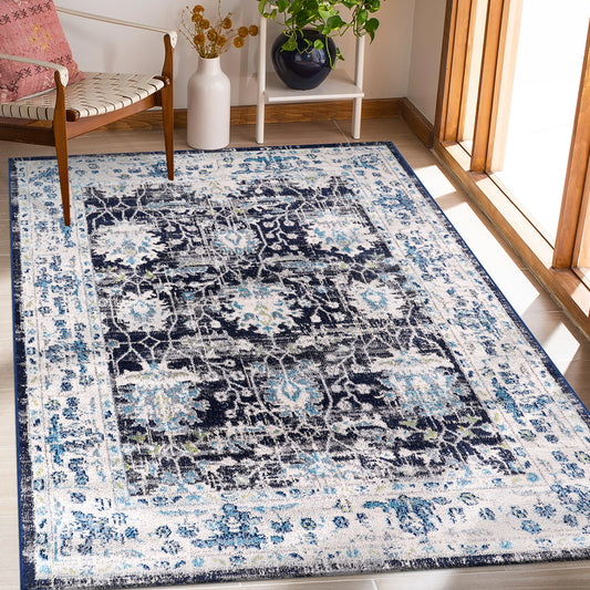 Vintage Area Rug 7652 – Blue Navy Distressed Floral
