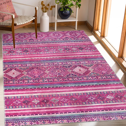 Rugs Depot Bohemian Pink Striped Washable Rug Design 1322P