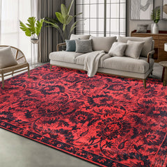 Rugs Depot RW1010 – Machine Washable Red Vintage Floral Rug | Damask-Inspired Oriental Carpet for Living Room, Bedroom & Dining