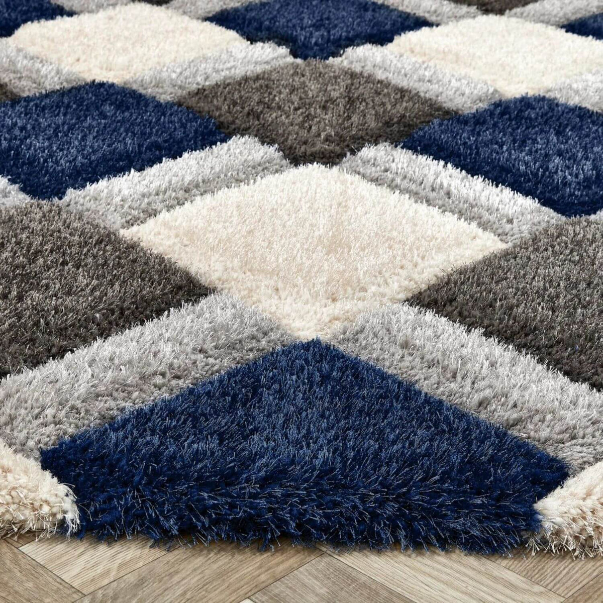 3D Navy Geometric Shaggy Rug — room photo 4