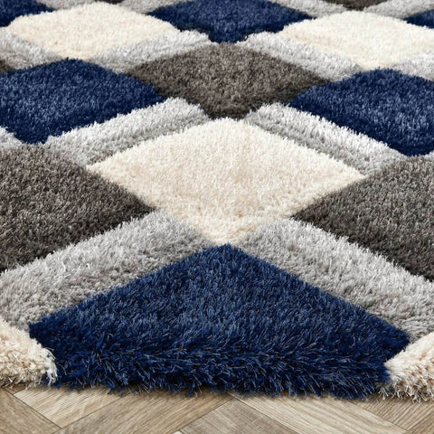 3D Navy Geometric Shaggy Rug