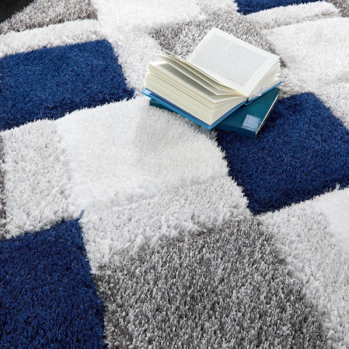 3D Navy Geometric Shaggy Rug — room photo 2