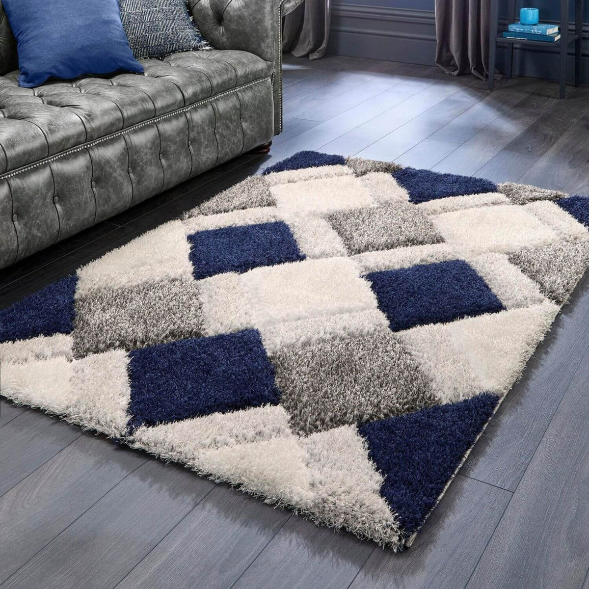 3D Navy Geometric Shaggy Rug — room photo 8