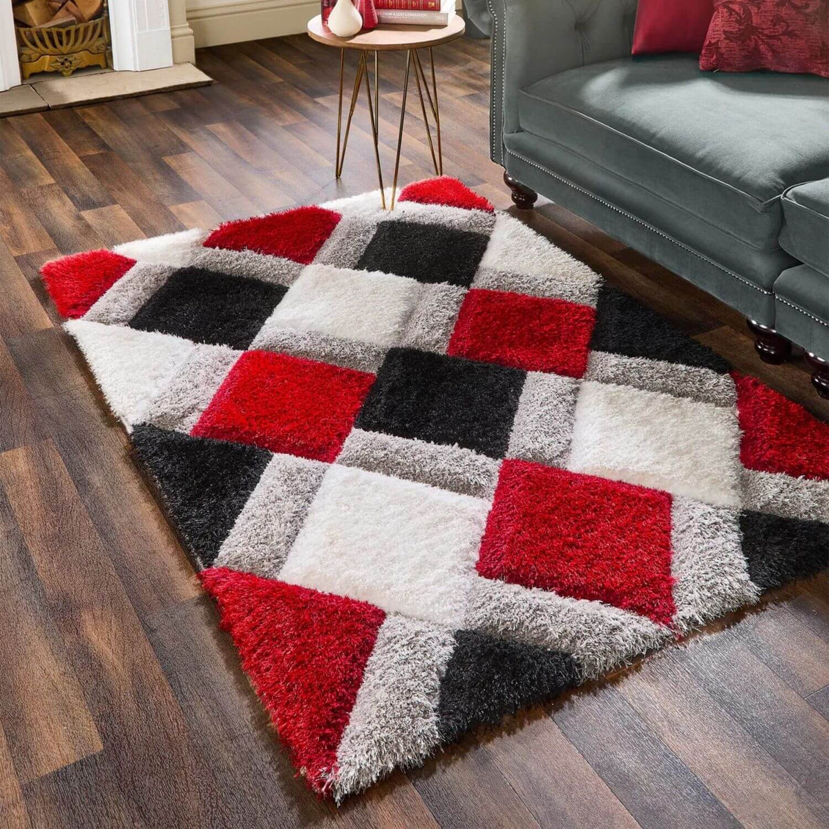 3D Red Geometric Shaggy Rug — room photo 7