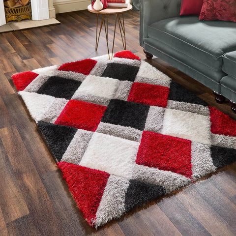 3D Red Geometric Shaggy Rug