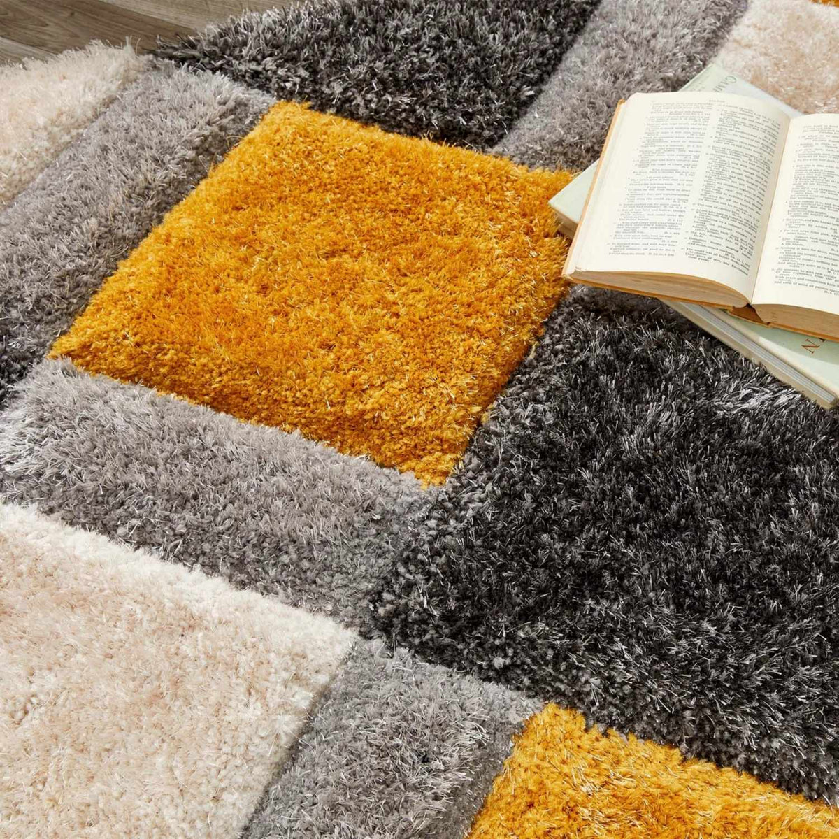 3D Ochre Geometric Shaggy Rug — room photo 2