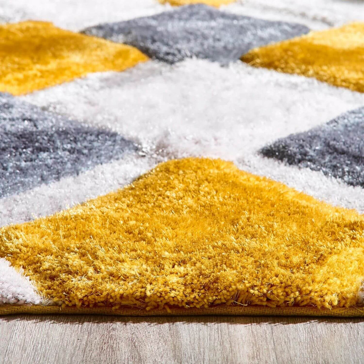 3D Ochre Geometric Shaggy Rug — room photo 3