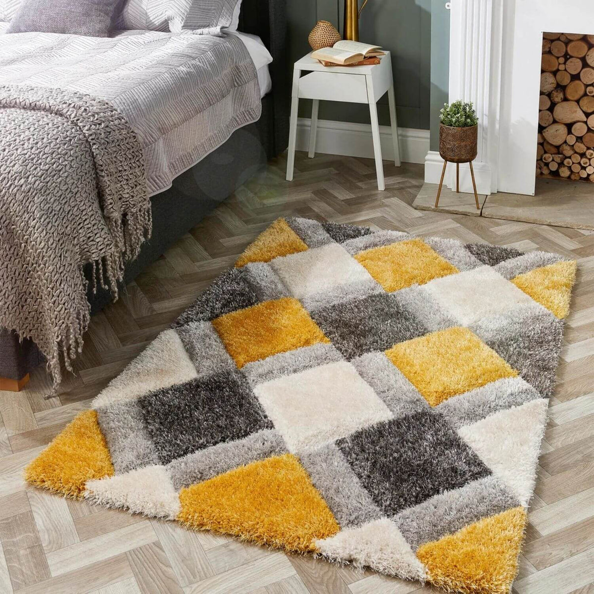3D Ochre Geometric Shaggy Rug — room photo 7
