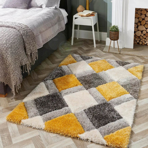 3D Ochre Geometric Shaggy Rug