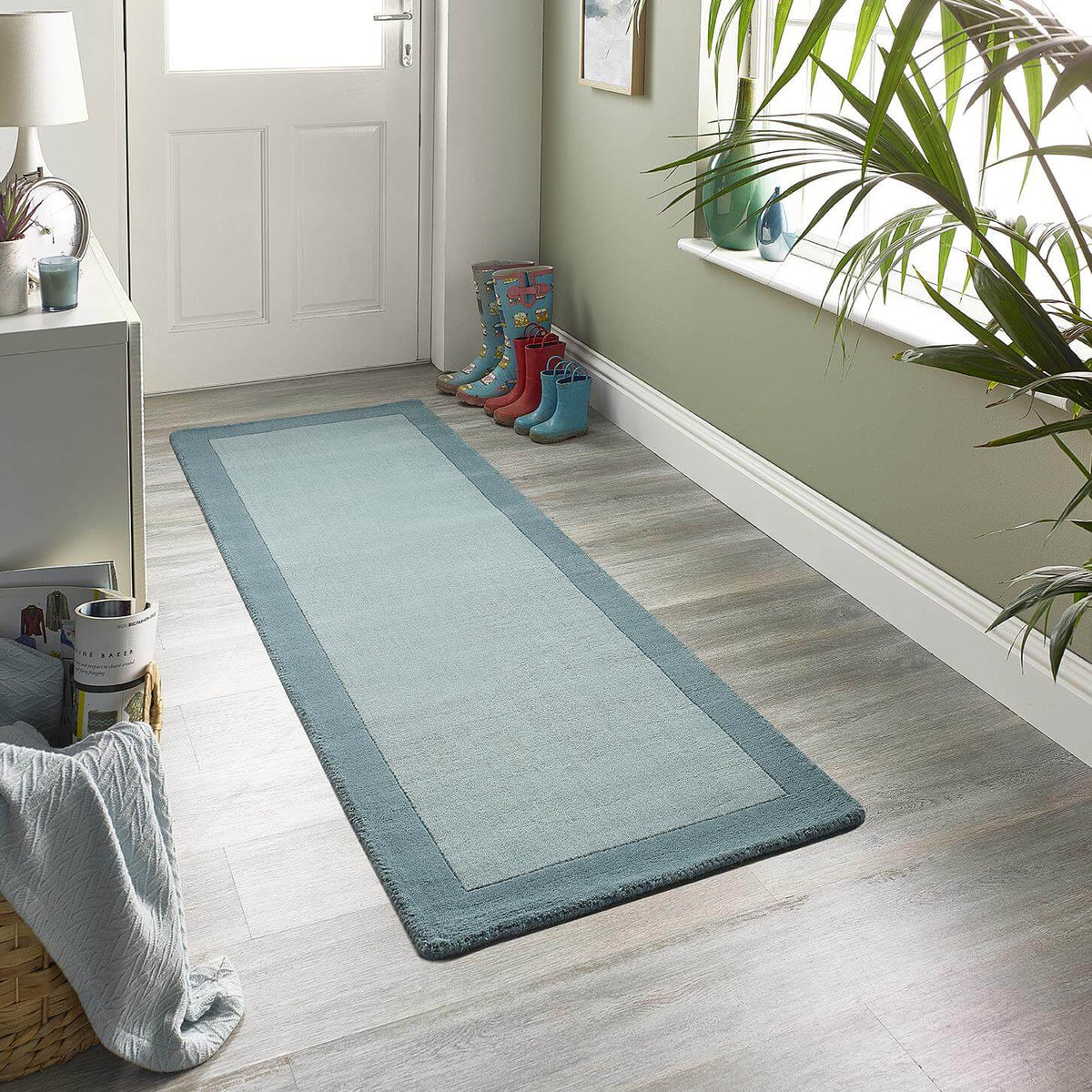Bordered Duck Egg Blue Wool Rug — room photo 4