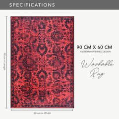 Rugs Depot RW1010 – Machine Washable Red Vintage Floral Rug | Damask-Inspired Oriental Carpet for Living Room, Bedroom & Dining