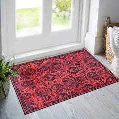 Rugs Depot RW1010 – Machine Washable Red Vintage Floral Rug | Damask-Inspired Oriental Carpet for Living Room, Bedroom & Dining