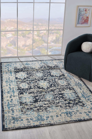 Vintage Area Rug 7652 – Blue Navy Distressed Floral