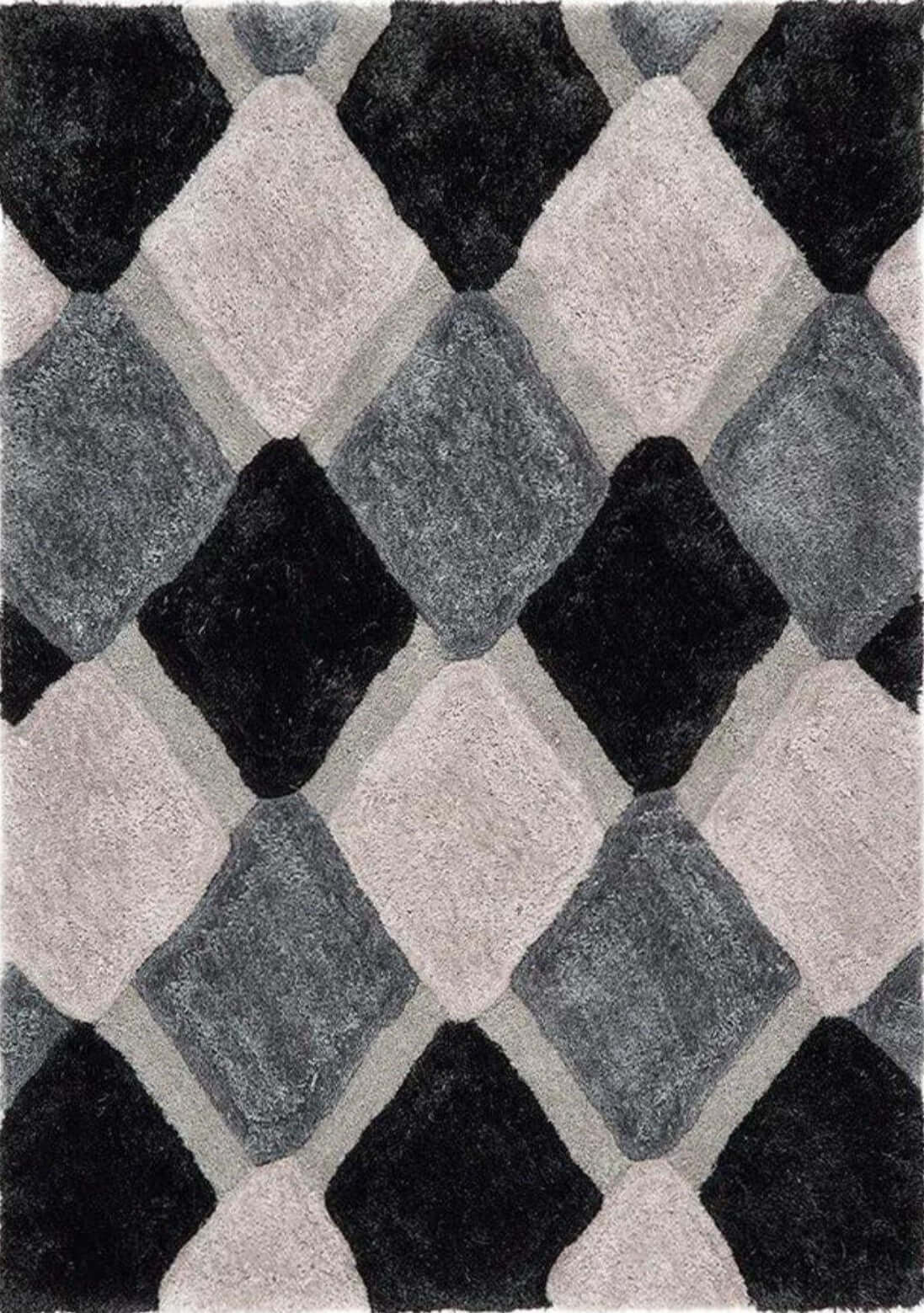 3D Grey Geometric Shaggy Rug — top view