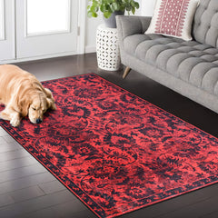 Rugs Depot RW1010 – Machine Washable Red Vintage Floral Rug | Damask-Inspired Oriental Carpet for Living Room, Bedroom & Dining