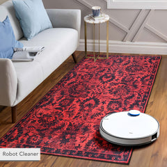 Rugs Depot RW1010 – Machine Washable Red Vintage Floral Rug | Damask-Inspired Oriental Carpet for Living Room, Bedroom & Dining