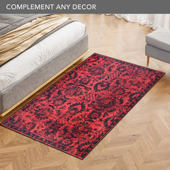 Rugs Depot RW1010 – Machine Washable Red Vintage Floral Rug | Damask-Inspired Oriental Carpet for Living Room, Bedroom & Dining