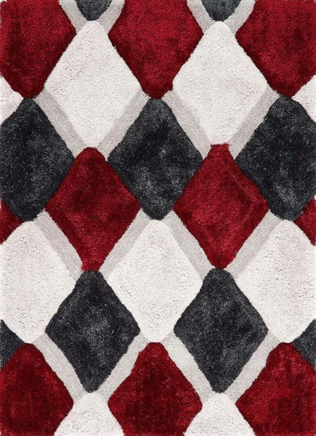 3D Red Geometric Shaggy Rug — top view