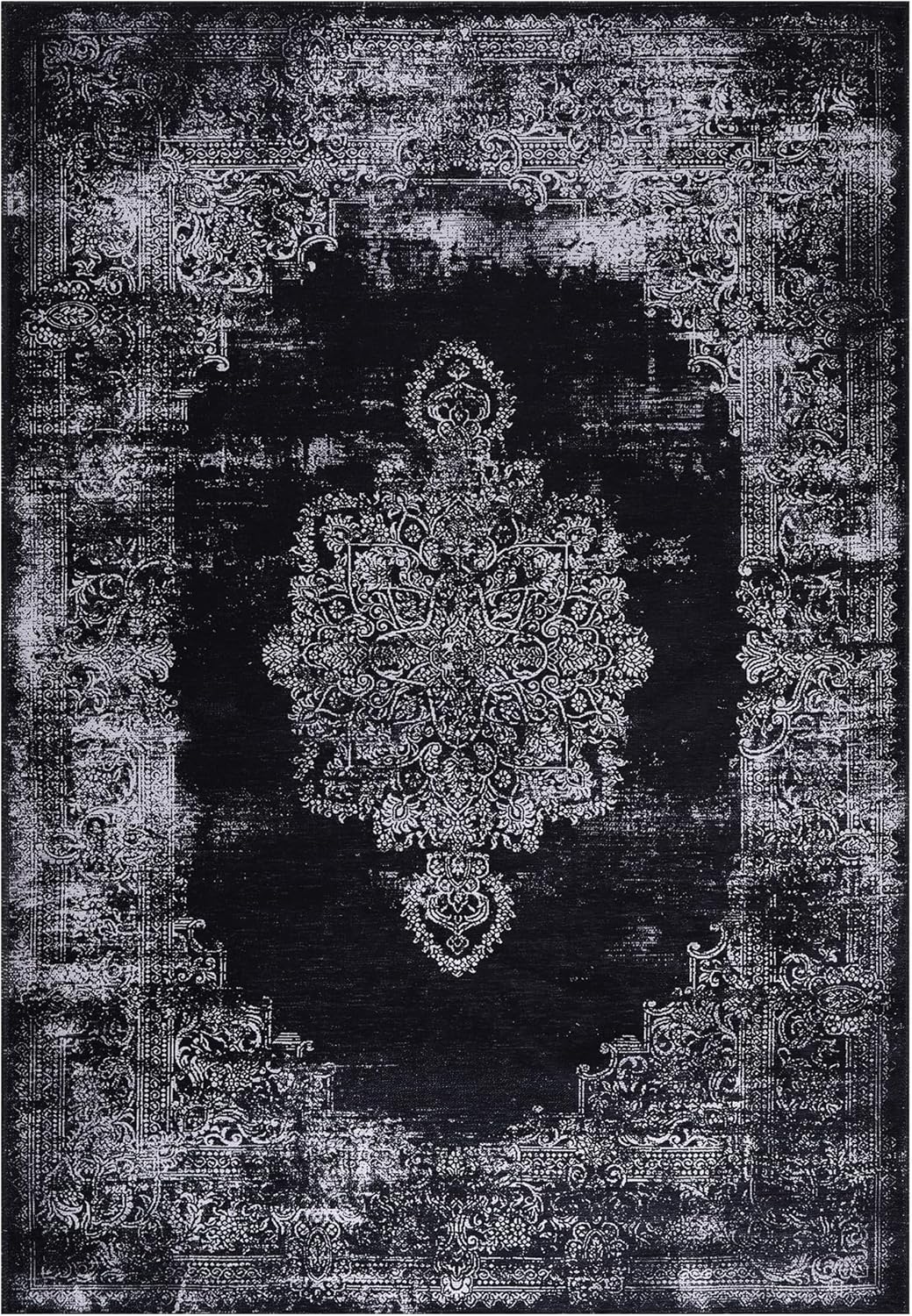 Decorative black and white rug with intricate patterns