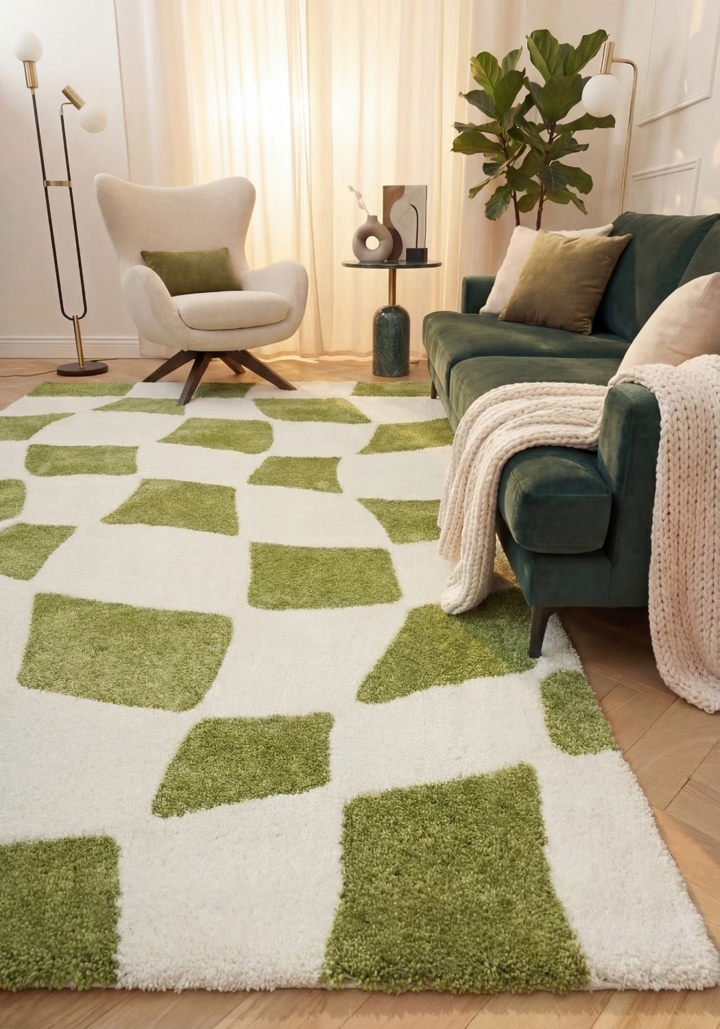 Joli Checkered Green & White Rug — room photo 2