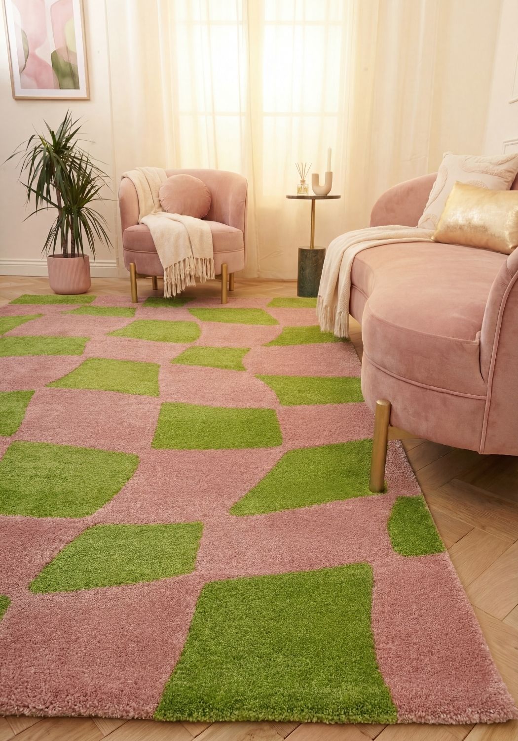 Joli Checkered Green & Pink Rug — room photo 2