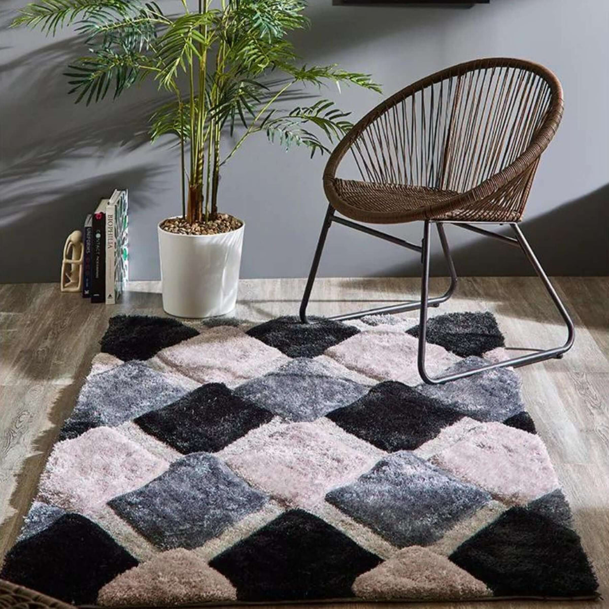 3D Grey Geometric Shaggy Rug — room photo 3