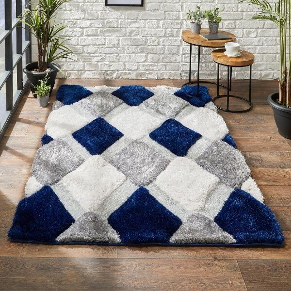 3D Navy Geometric Shaggy Rug — room photo 7