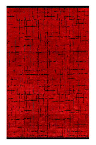 Red rug with black abstract pattern on a white background