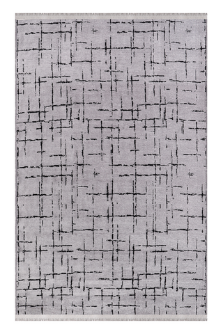 Gray area rug with black abstract pattern on a white background